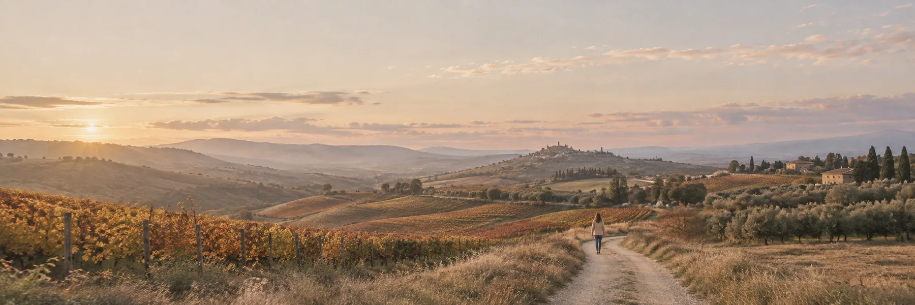 Weite Weinberglandschaft im Abendlicht, eine Frau spaziert klein am Horizont