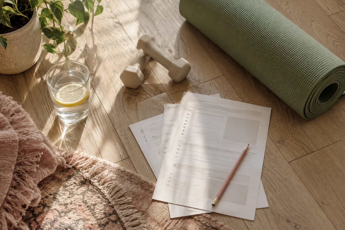 Yogamatte, Hanteln, Wasser und Arbeitsblätter auf einem Holzboden