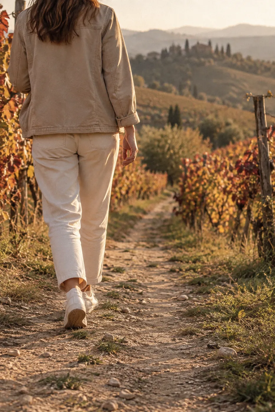 Eine Frau spaziert im Herbstlicht einen Feldweg zwischen Weinbergen entlang