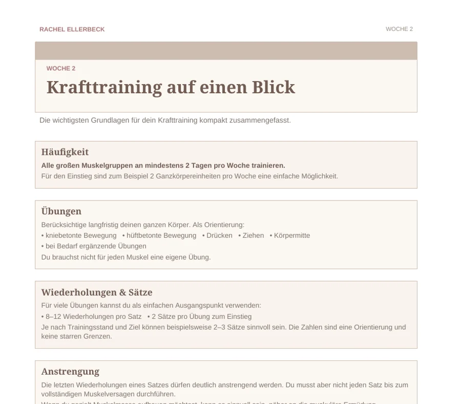Kursunterlage „Krafttraining auf einen Blick“, Woche 2